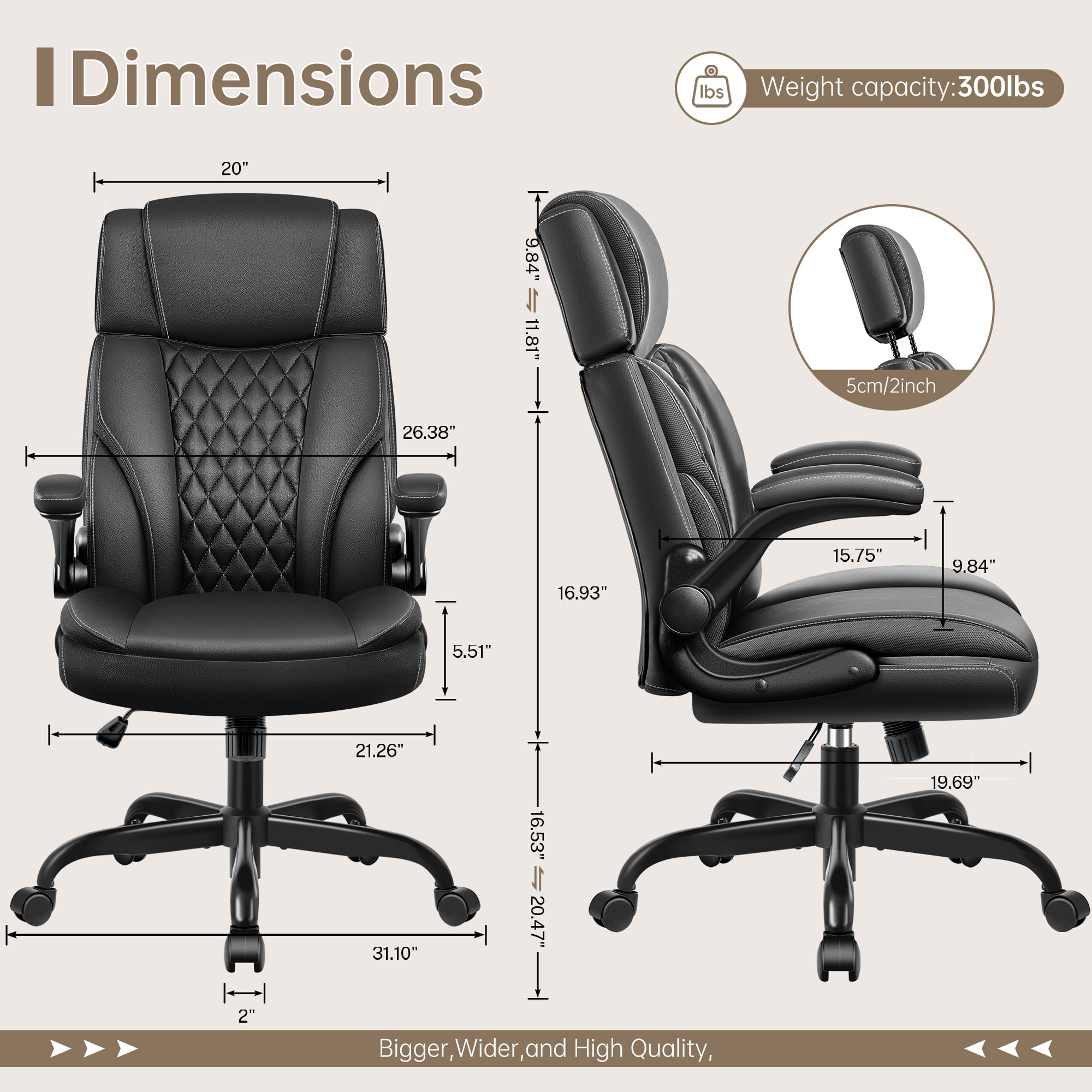 FASTES Big and Tall Ergonomic Office Chair - Black Leather Computer Desk Chair, Reclining High Back Ergonomic Chair with Adjustable Headrest & Lumbar Support