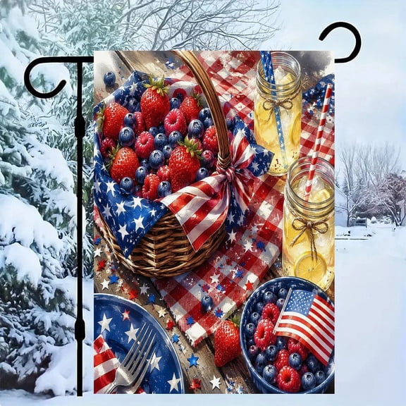 RKSupls Patriotic Linen Double Sided Garden Flag, Independence Day Themed Yard Decor, Berry Basket Lemonade Patriotic Picnic Outdoor Banner for Holiday Lawn