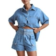 thumbnail image 2 of Womens 2 Piece Outfits Short Sleeve Button Down Crop Blue Jean Shirts High Waist Denim Shorts Sets Light Blue XL, 2 of 7