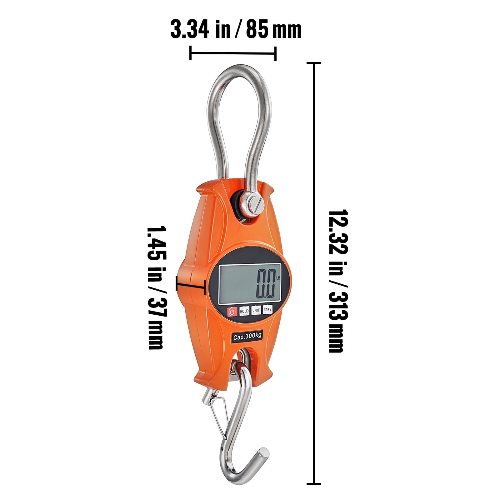 KFFKFF Electronic Hoist Scale, Capacity of 660 lbs/300 kg, Robust Industrial Grade Weighing Scale with Cast Aluminum Enclosure & LCD Display, Compact Handheld Crane with Hooks for Agricultural