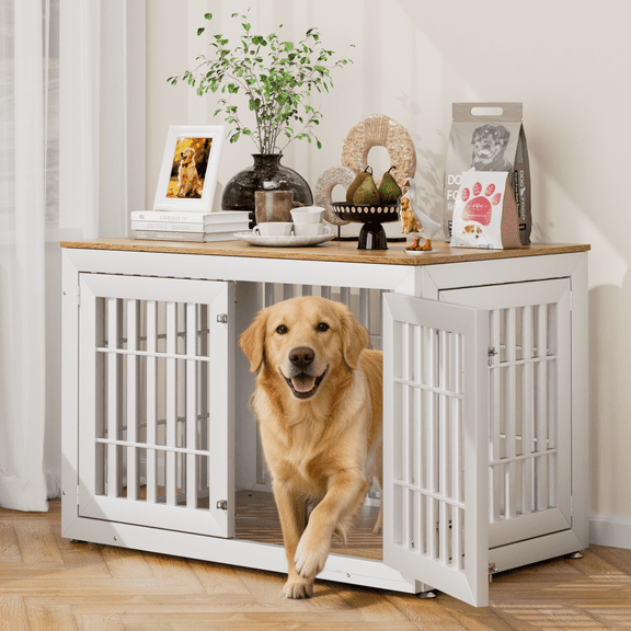 Snuowu 48" Heavy Duty Dog Crate Furniture for Small,Medium and Large Dogs,Rustic Wooden Dog Cage Kennel Indoor Furniture with Waterproof Top,Decorative Pet House Side End Table (White & Wood)