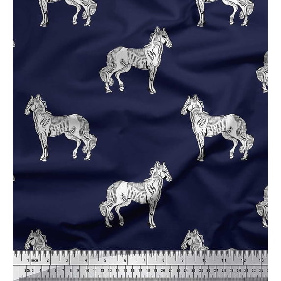 Soimoi Rayon Crepe Fabric Horse Block Printed Fabric 1 Yard 46 Inch Wide