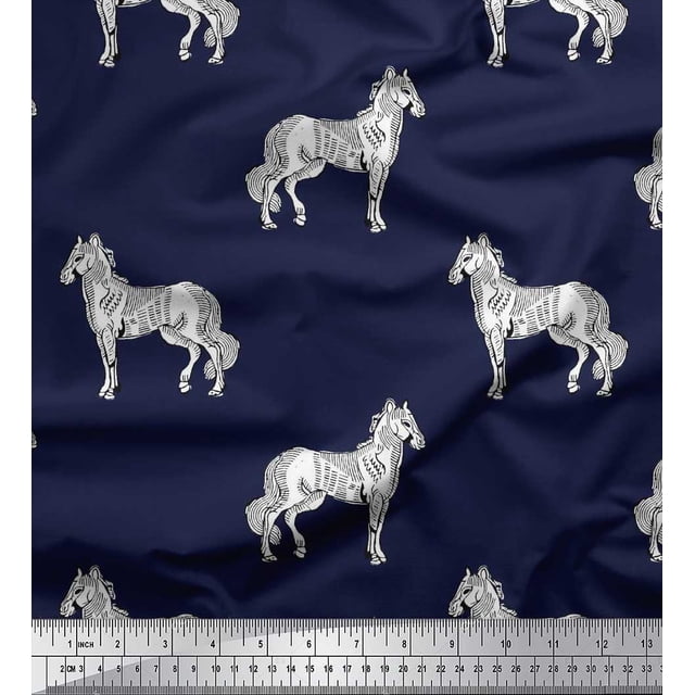 Soimoi Polyester Crepe Fabric Horse Block Print Fabric by The Yard 42 Inch Wide