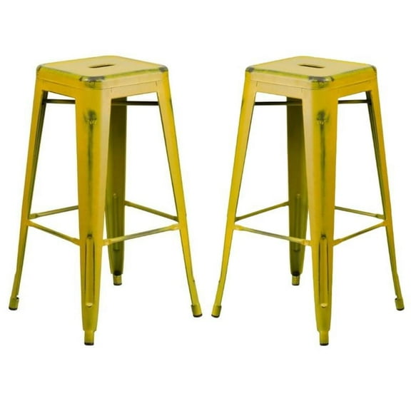 Home Square 30" Metal Backless Bar Stool in Distressed Yellow - Set of 2