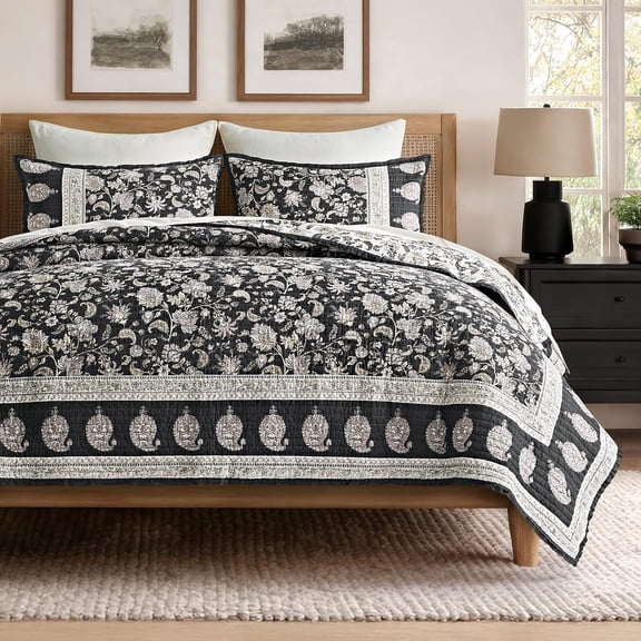 EVERGRACE Cotton Quilt Set King Size, 100% Cotton Reversible Lightweight Bedspread Coverlet, Vintage Floral Farmhouse Bedding, Traditional Botanical Quilt with 2 Pillow Shams, Dark Charcoal 108"×96"