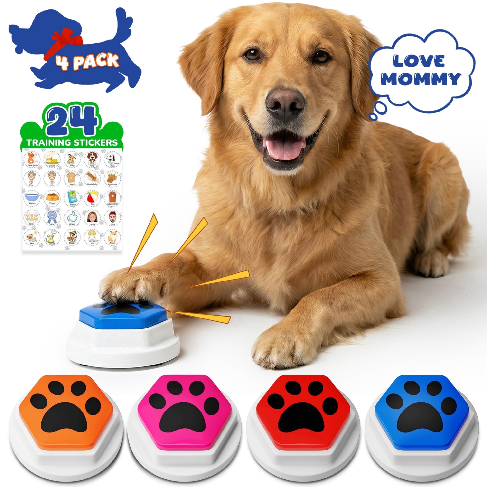 Dog Voice Recording Button 4 PCs, Dog Buttons for Communication Pet Training Buzzer, 30 Second Record & Playback, Funny Gift for Study Office Home - 4 Color Packs