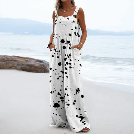 

QWANG Womens Floral Tank Jumpsuits Scoop Neck Sleeveless Rompers Casual Wide Leg Loose Fit One Piece Rompers with Pockets