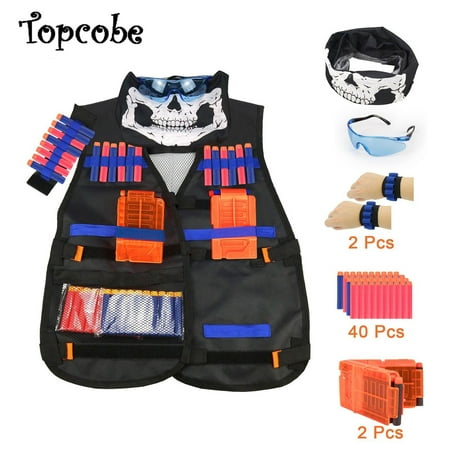 Kids Tactical Vest Kit, Children Elite Tactical Vest Kit For Nerf N-strike Elite Series with Quick Reload Clips + Hand Wrist Band + Protective Glass + Tactical Mask + 40 Refill Bullet Soft