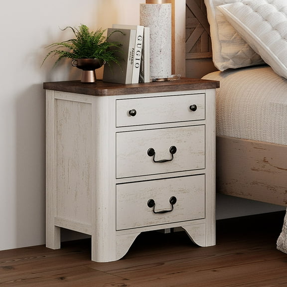 WAMPAT Nightstand with Charging Station, Farmhouse 3-Drawer Nightstand, Wood Nightstand for Bedroom, Living Room,White