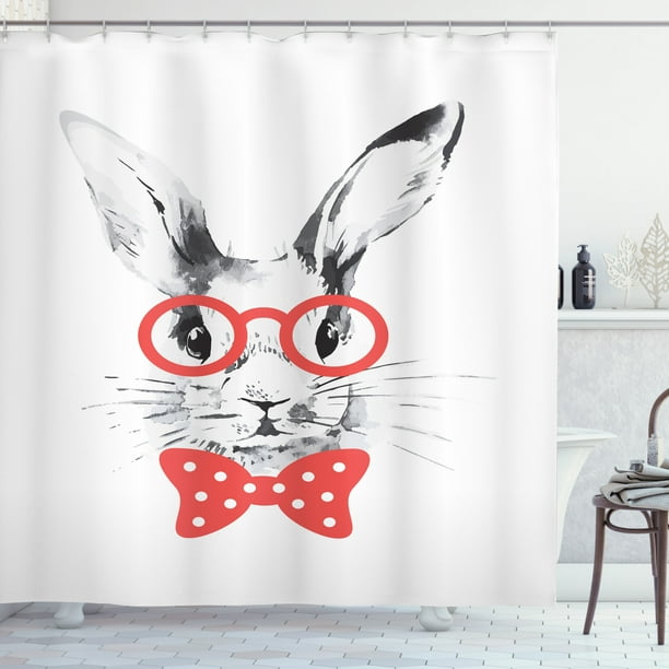 Bunny Shower Curtain Nerdy Rabbit With Eyeglasses And A Bow Tie Hand Painted Fabric Bathroom Set Hooks 69w X 75l Inches Long Grey Vermillion By Ambesonne Com Bow Tie Hand Painted Fabric Bathroom, Nerdy Shower Curtains