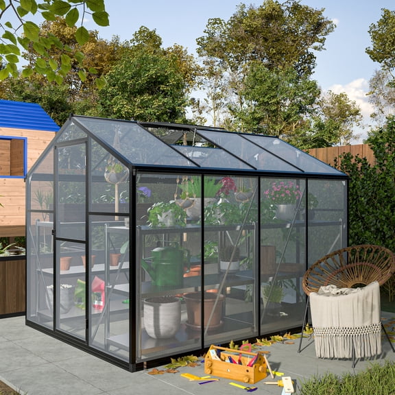 6x8 FT Outdoor Polycarbonate Greenhouse with Roof Vent Aluminum Walk-in Greenhouse for Garden Backyard Black