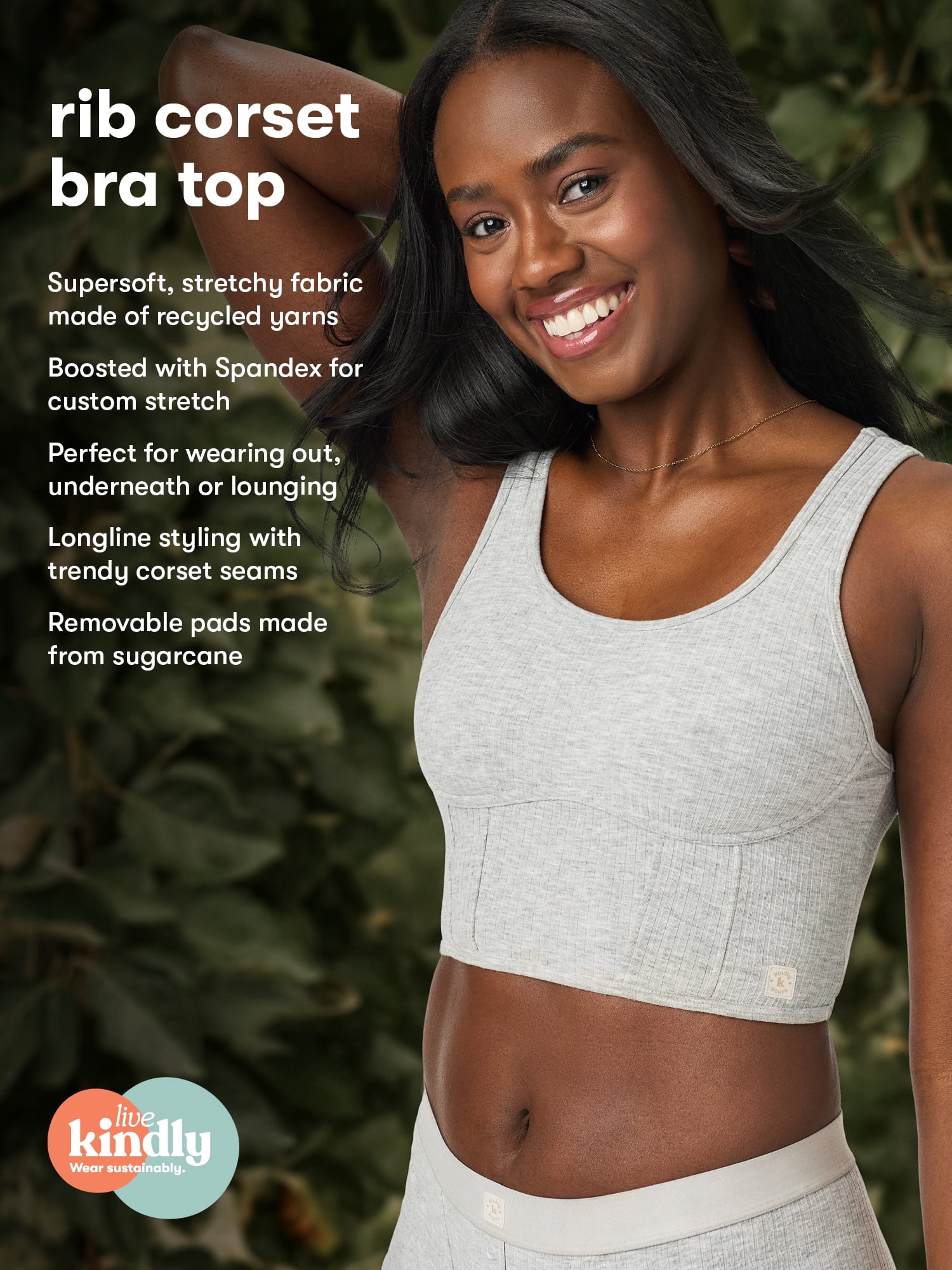 Kindly Yours Women’s Wireless Rib Longline Corset Bra Top, Sizes S-XXXL