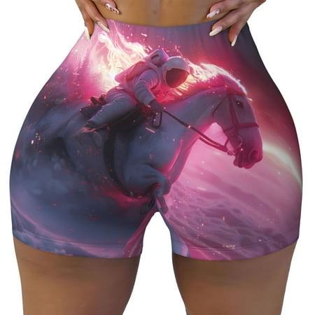 Workout Shorts Women  Astronaut Riding Fiery Horse Biker Shorts for Women Running Gym Spandex Shorts Tummy Control