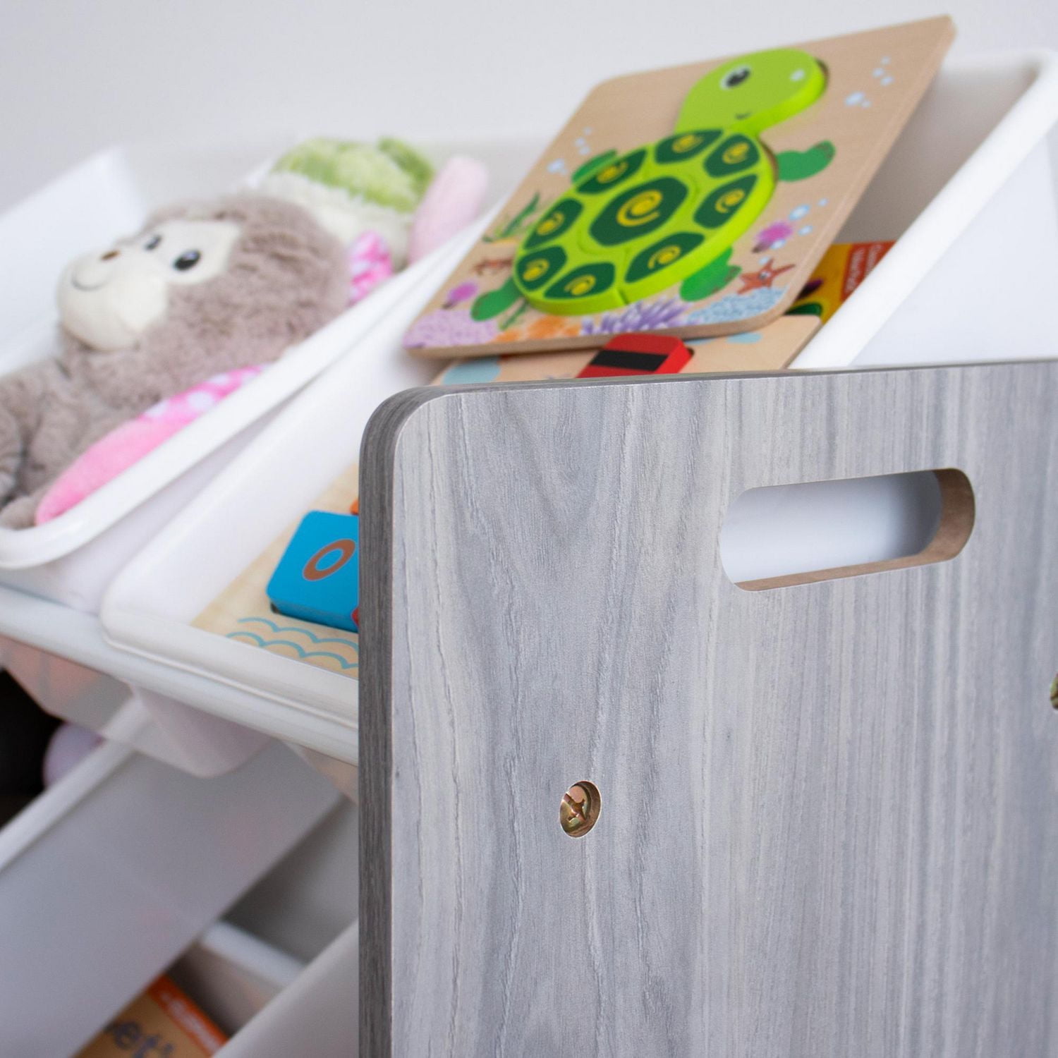 Humble Crew Slate Toy Storage Organizer with 9 Storage Bins, Grey Wood Grain/White