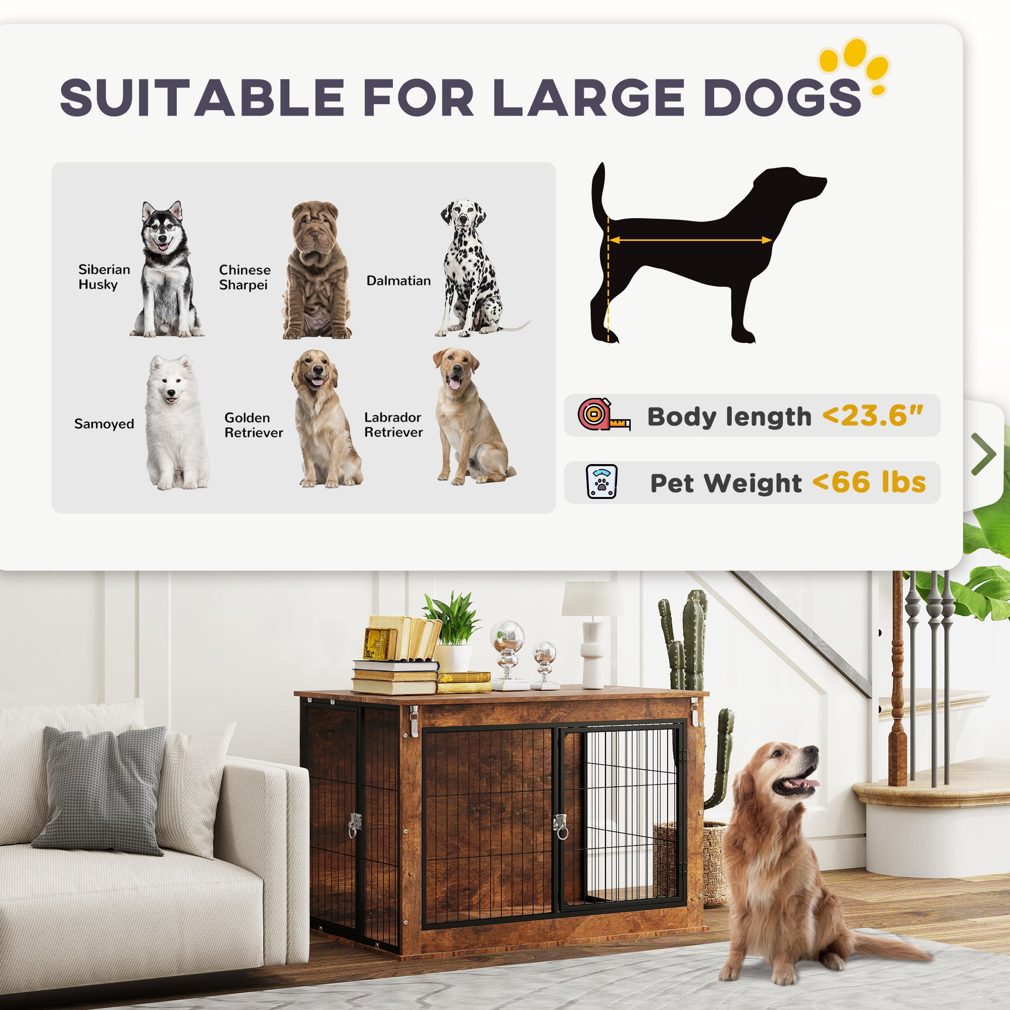 PawHut Dog Crate Furniture, 39" Dog Kennel Furniture with Flip-up Top Opening, 2 Doors, Dog Cage Side End Table for Large Dogs, Rustic Brown