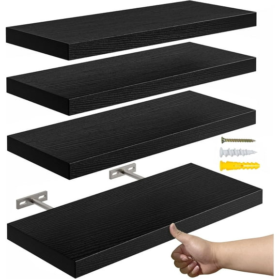 16''Black Floating Shelves for Wall Set of 4,Rustic Shelf for Room Decor/Storage/Display,Small Bookshelf,Wall Mounted Shelves for , Bathroom, Room, Kitchen