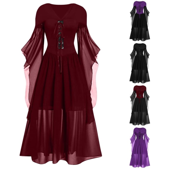 Women Witch Dress V Neck Flared Sheer Sleeve Gothic Midi Dress for Halloween Party