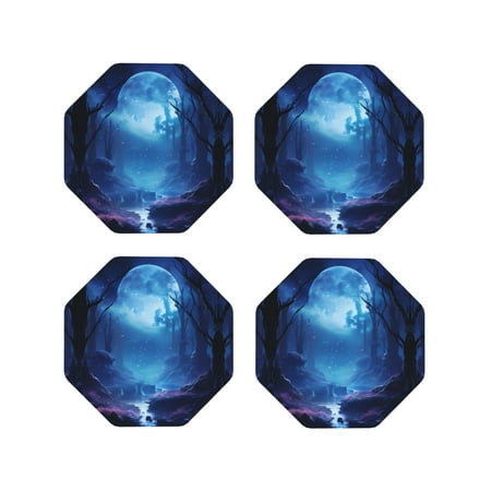 

Coasters Set of 4 - Serene Tree Moon Valley Drink Coasters for Tabletop Protection Leather Coasters for Living Room Decor and Housewarming Gift Octagon