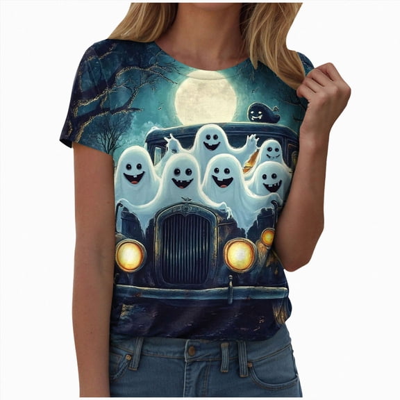 TOWED22 Halloween Costumes for Women Funny Pumpkin Printed Cute T Shirts Ghost Graphic Tops Fall Tee Fashion Gift(Mint Green,3XL)