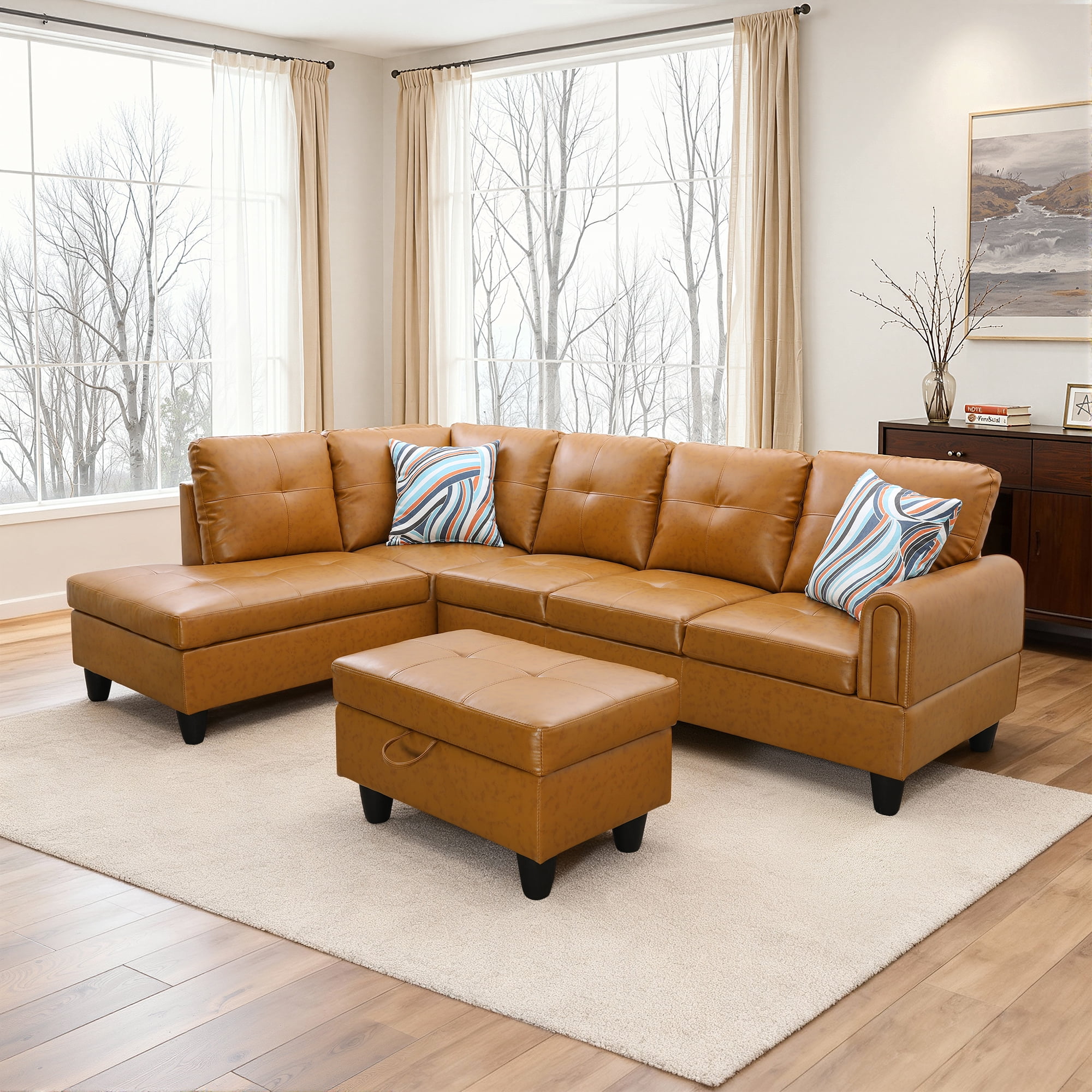MAYEERTY 97" Faux Leather Sectional Sofa, 3-Piece Couch Living Room Sofa Set with Ottoman, Ginger (Left)