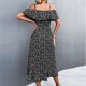 thumbnail image 4 of Vestido estampado Cuello en V Mangas con volantes florales elegantes Vestido largo irregular con cinturón Negro M, 4 of 6