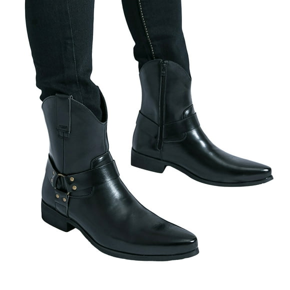 Leozcaa Men's Motorcycle Boot for Riding Waterproof PU Leather Mid Calf Boots for Men Ankle Short Boots