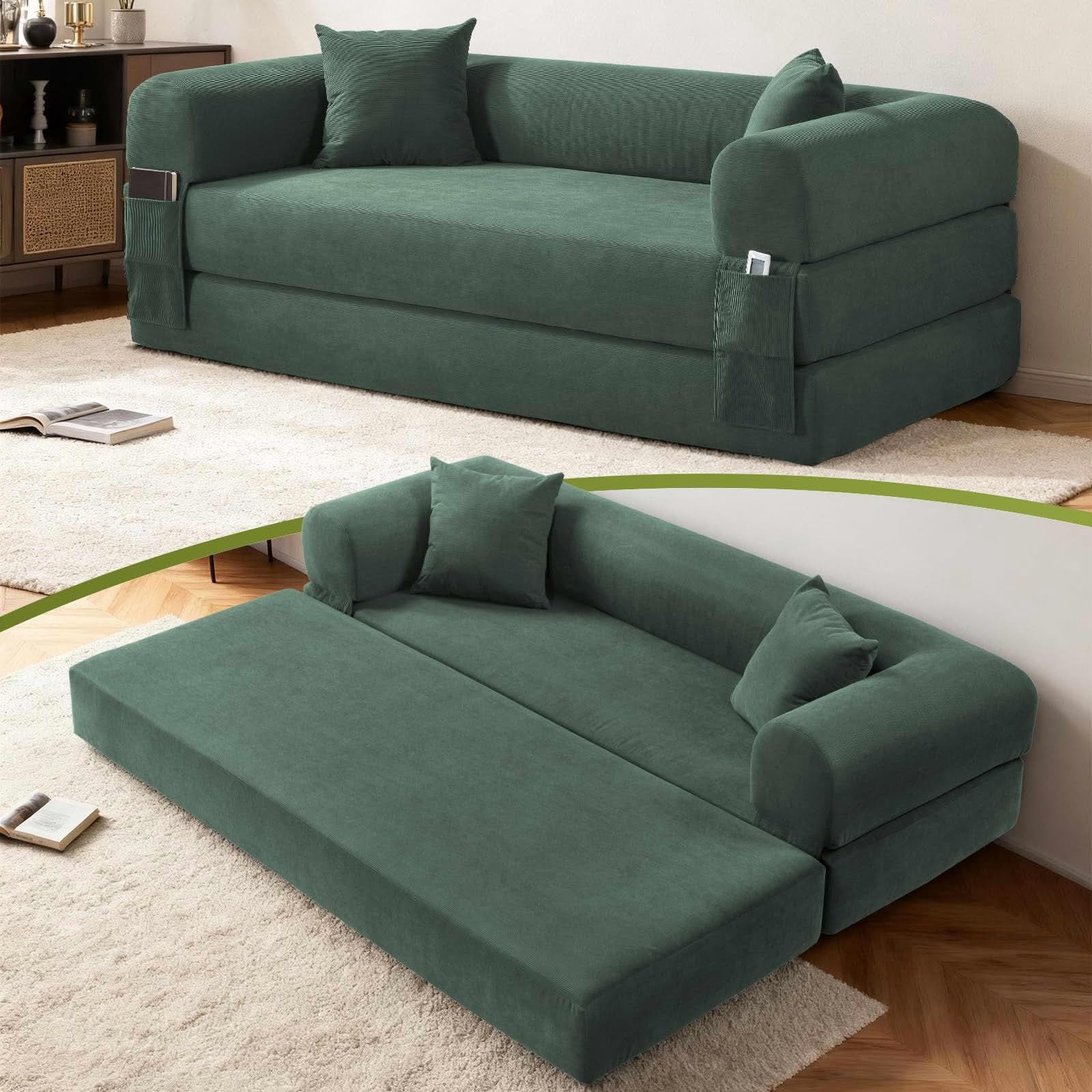 MAYEERTY 80" Light Green Corduroy Convertible Sofa Bed, 600lbs Queen Size Fold Out Sleeper Couch with Storage & No Assembly for Living Room