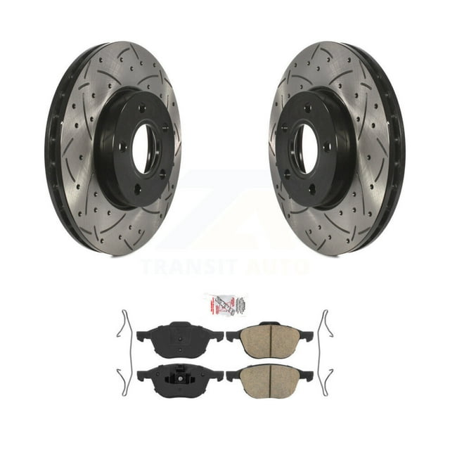 Transit Auto Front Coated Drilled Slotted Disc Brake Rotors and Ceramic Pads Kit for Car Ford Focus C-Max KDA-100382