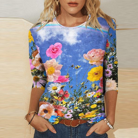 Lilgiuy Women's Printed Loose T-shirt Mid-length 3/4 Sleeves Blouse Round Neck Casual Tops 2022 Fall Winter