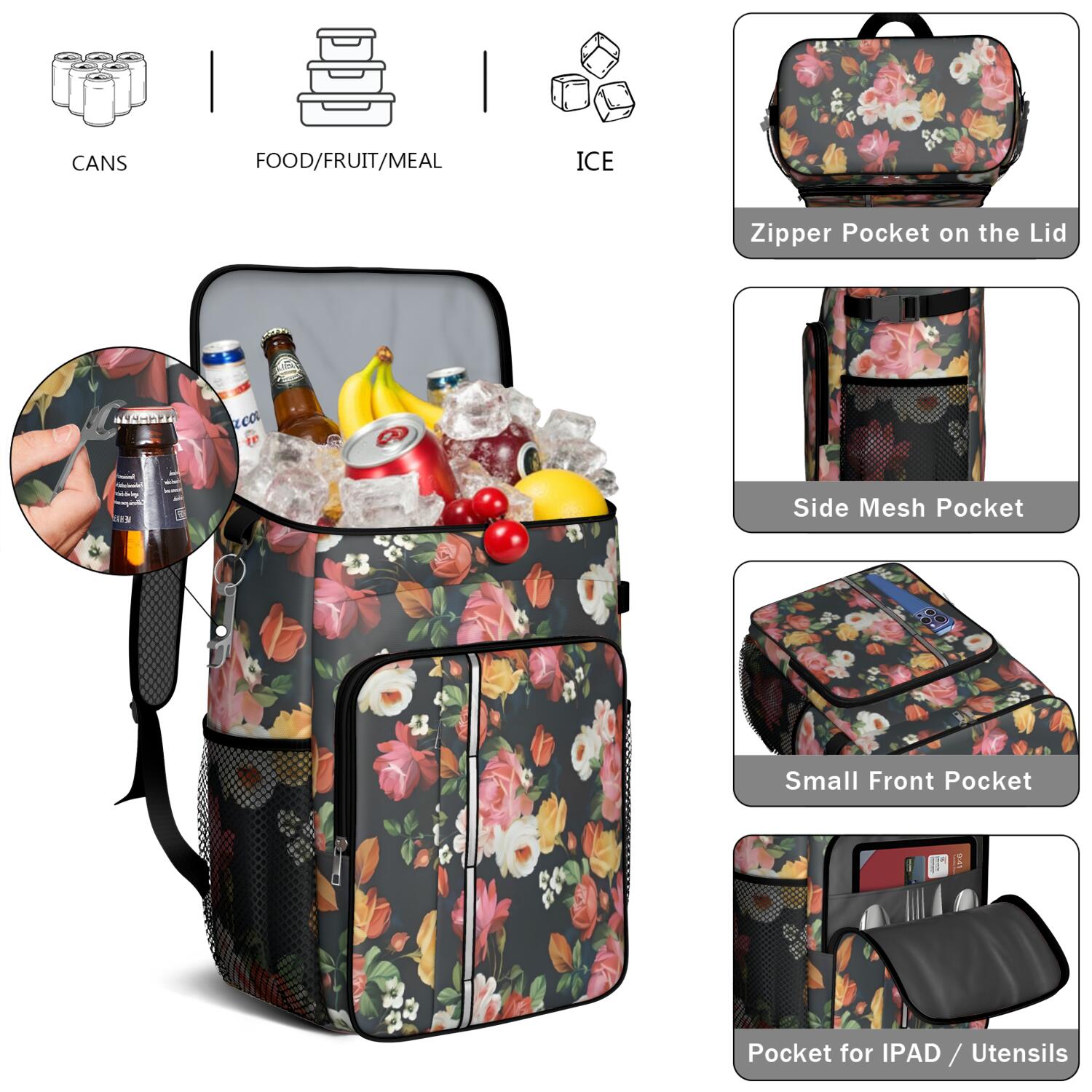 Travel Cooler Bag - Pioneer Flower Floral Print Pattern Camping Beer Cooler Backpack with Bottle Opener- Waterproof Insulated Picnic Backpacks - Cooler Bag for Beach