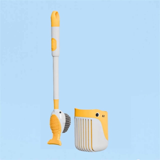 fiudx cepillo de inodoro, diseño de rociador líquido 2 en 1 con cabezal de cepillo de doble cara y base con ventosa; cepillo compacto amarillo y blanco de frente con mango largo, cabezal trasero de cerdas grises y boquilla de rociado visible, soporte con ranuras y ventosa para superficie lisa, pensado para limpieza profunda de esquinas; también se usa a menudo como dispensador portátil de solución limpiadora.