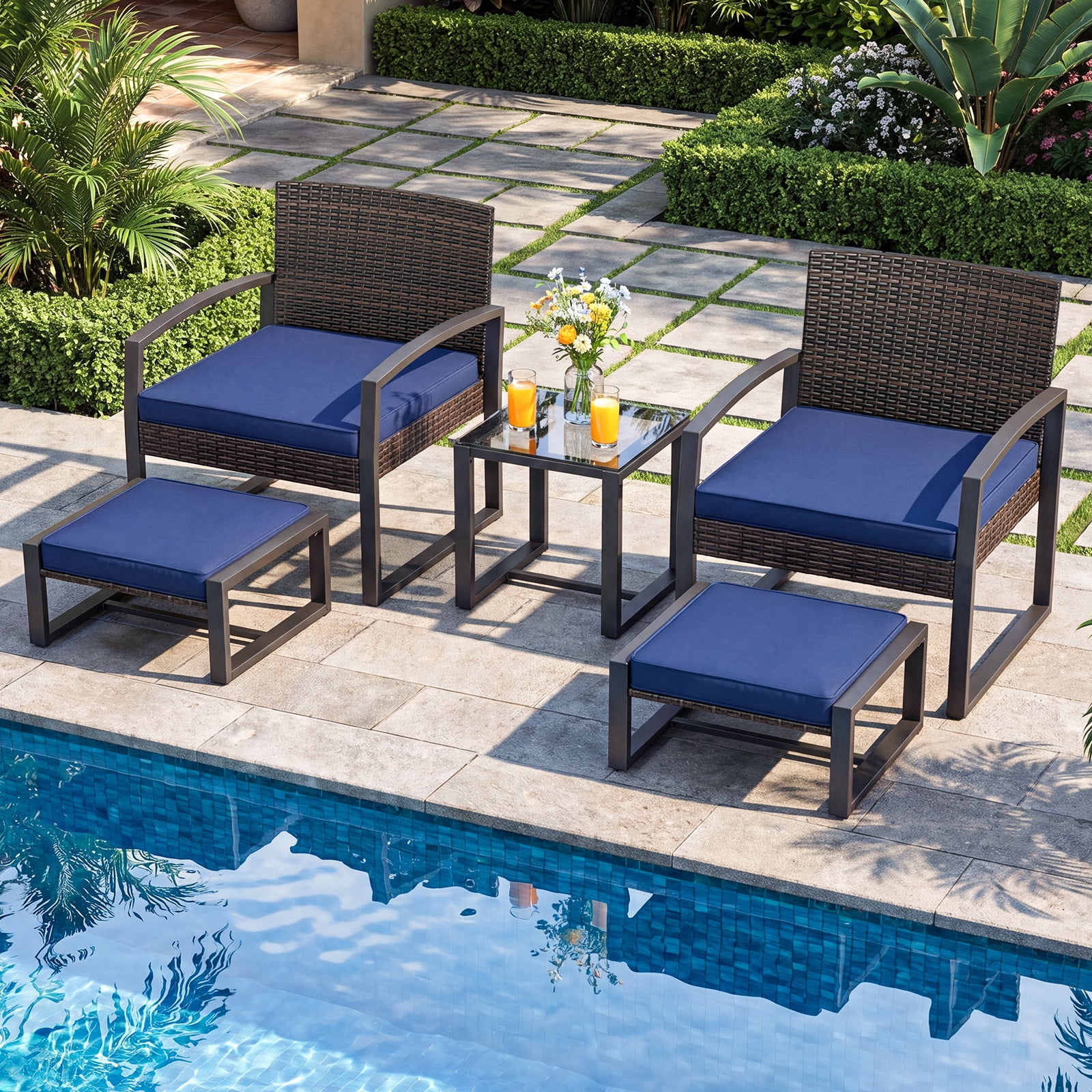 Costway Outdoor Furniture Set, Patio Rattan Conversation Set for Balcony,Porch, Backyard Mix Brown + Navy Blue