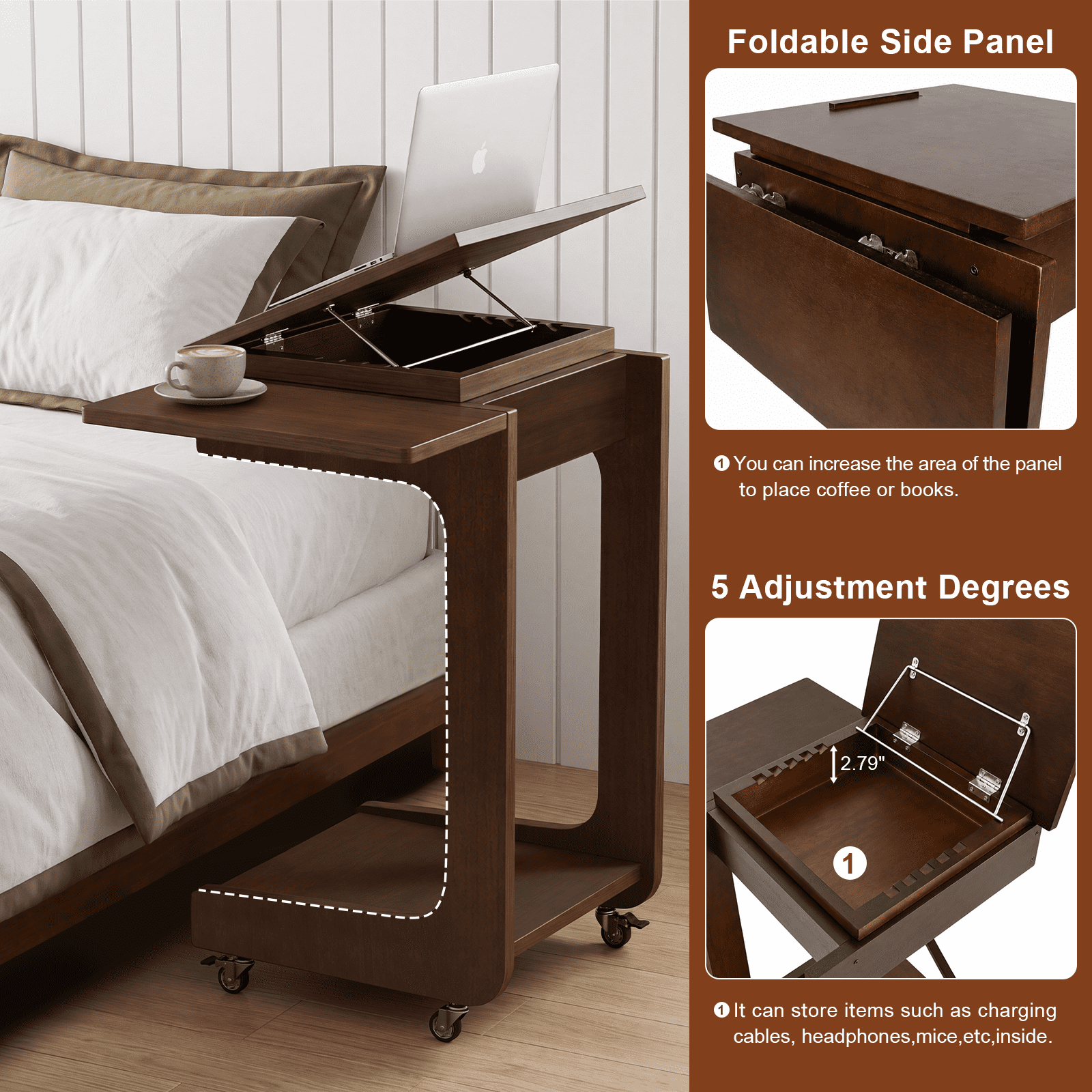 Leumius C Shaped End Table,Wood Rolling Side Table with 360° Adjustable & Foldable Desktop, Couch Table for Living Room, Bedroom, Office, Walnut