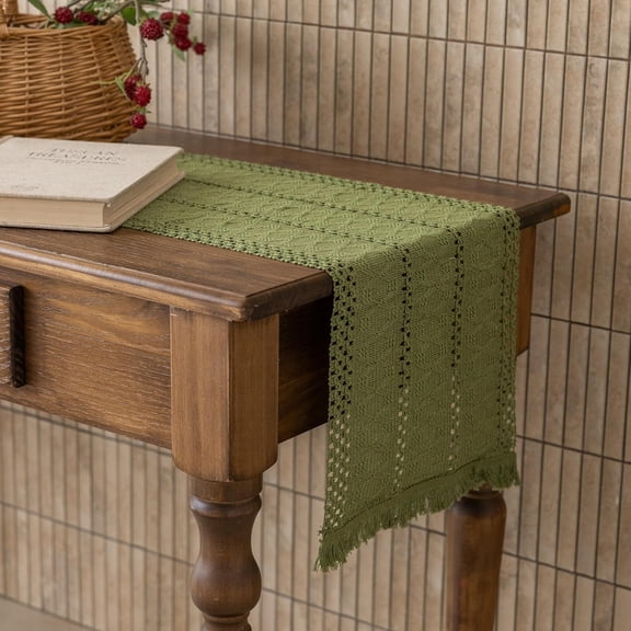 Sage Green Boho Table Runner, 12 x 72 Inch Macrame Style Woven Linen Blend Table Decor for Dining Table, Coffee Table, Dresser and Holiday Decor
