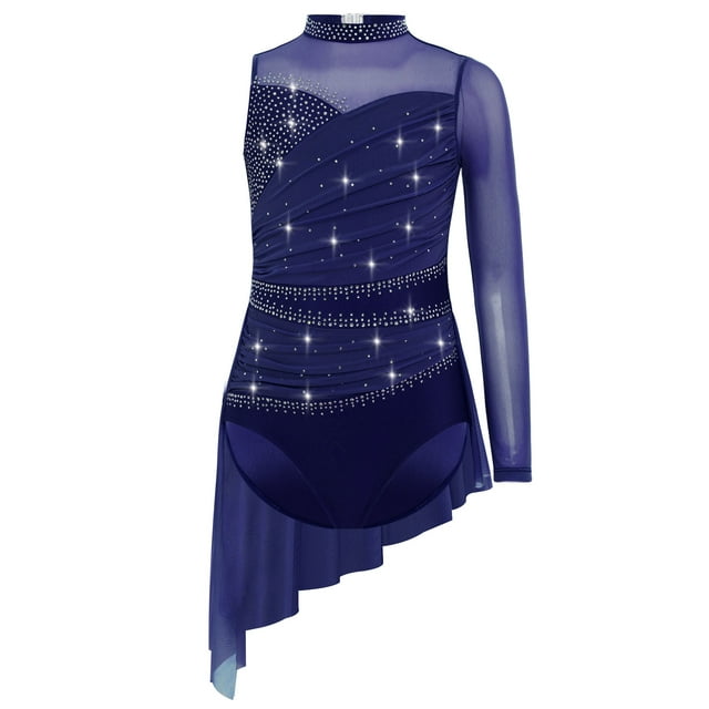 HULIJA Robe Justaucorps de Patinage Artistique Latine pour Enfants à Manches Simples avec Jupe en Maille et Strass pour Spectacles de Tango Bleu Marine 10