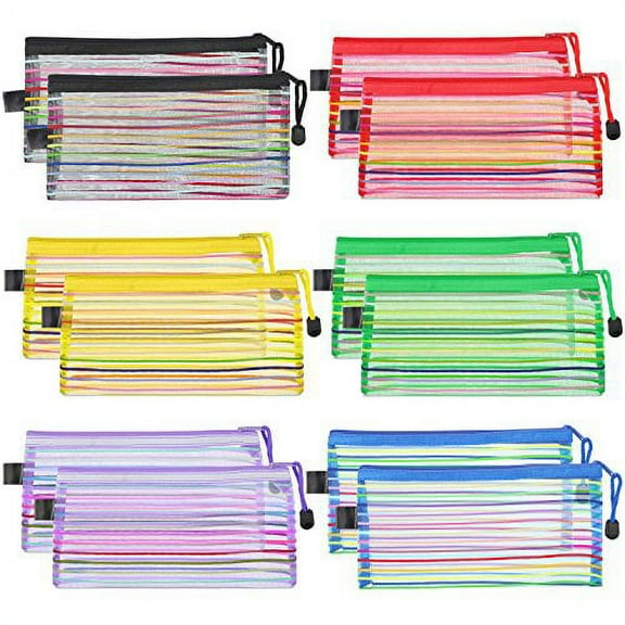 Bememo 12 Pieces 6 Colors Zipper Mesh Pouch Multipurpose Travel Bag for Cosmetics Offices Supplies Travel Accessories