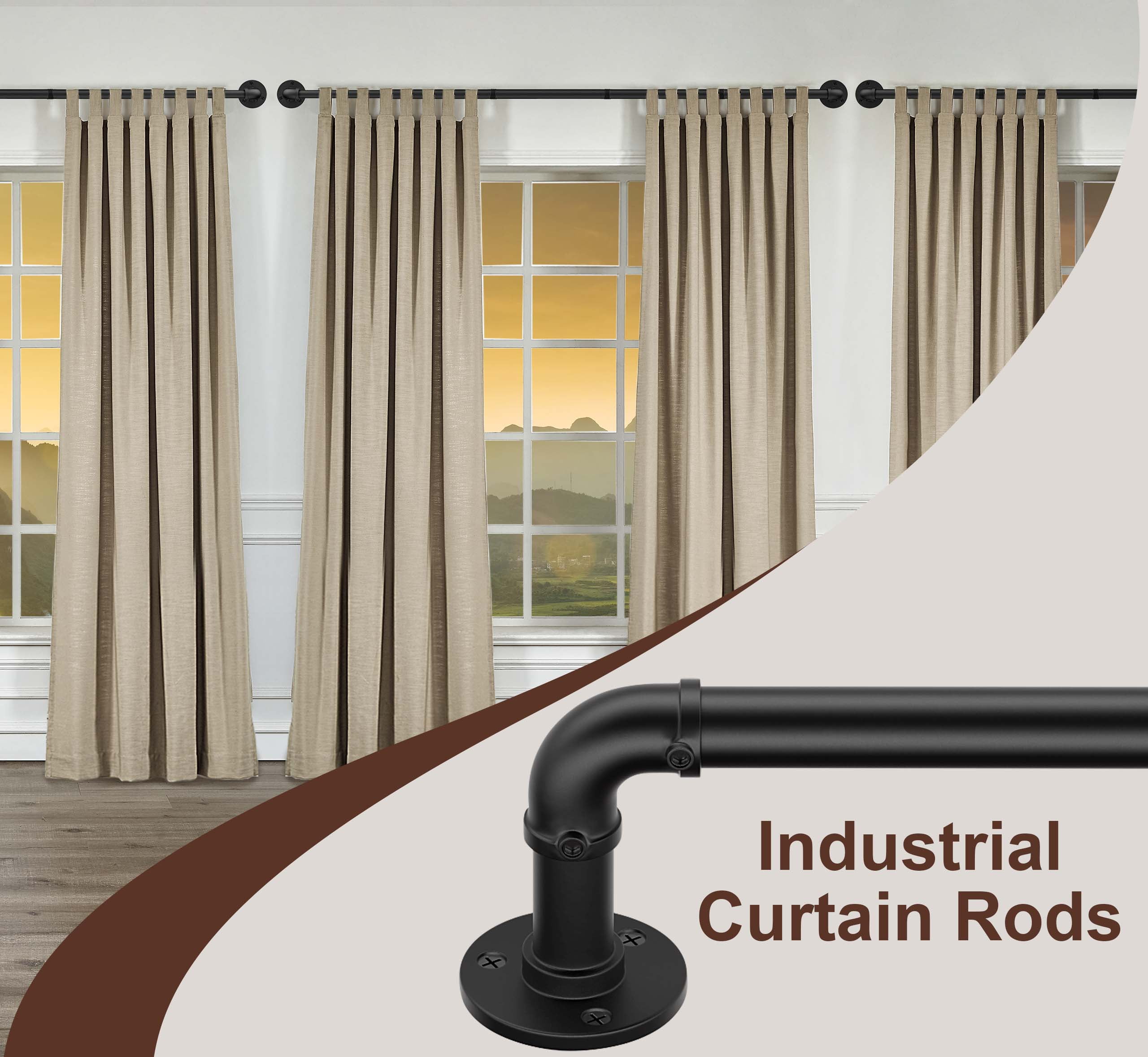 Curtain Rods for Windows 66 to 120, Black Adjustable Curtain Rod, 1 Inch Industrial Heavy Duty Curtain Rods, Blackout Wrap Around Curtain Rod, Indoor/Outdoor Curtain Rod