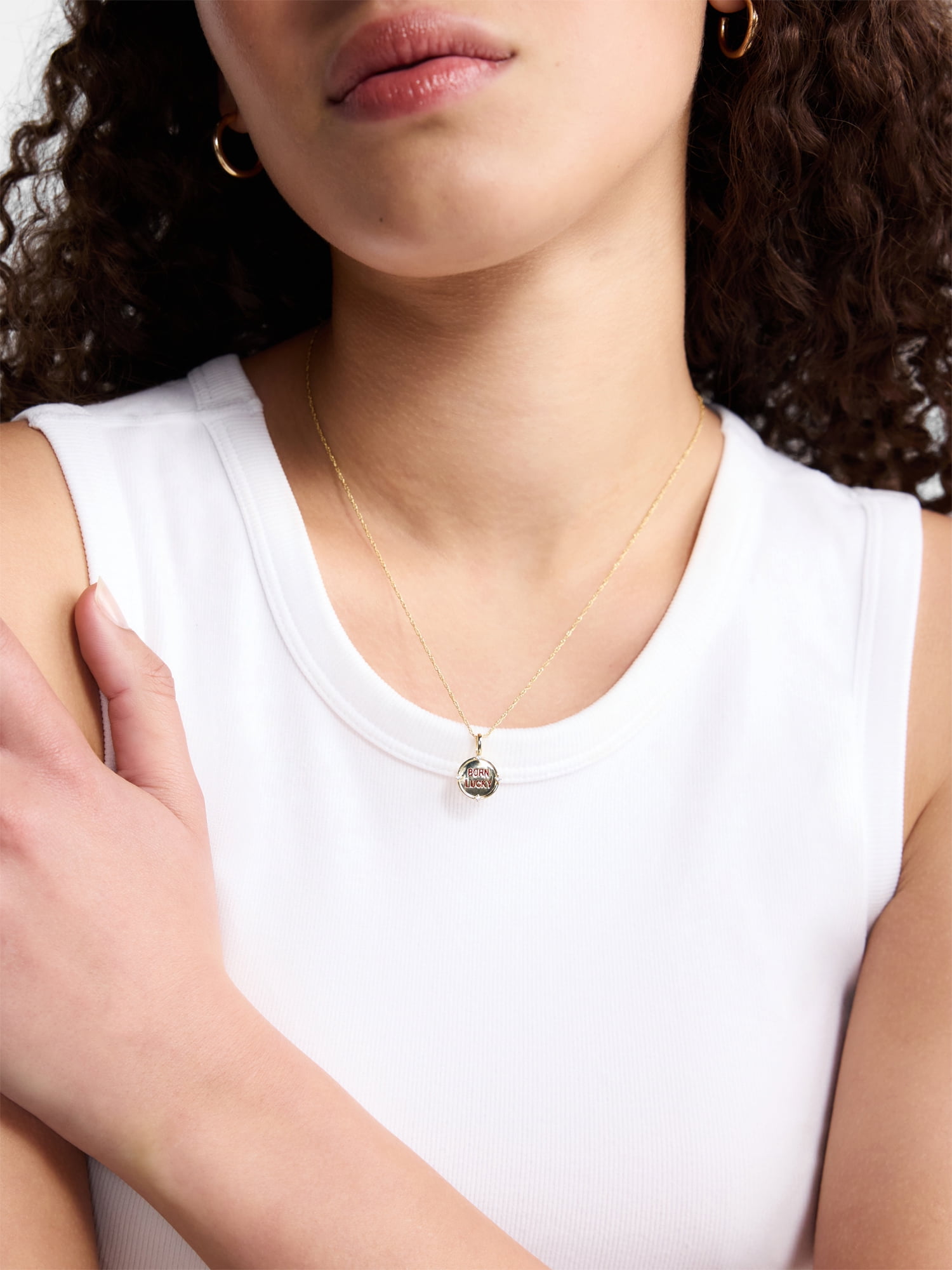 Free Assembly Women's Demi Fine 14K Gold Plated Born Lucky Pendant Necklace with Cubic Zirconia, 16” + 2" Extender