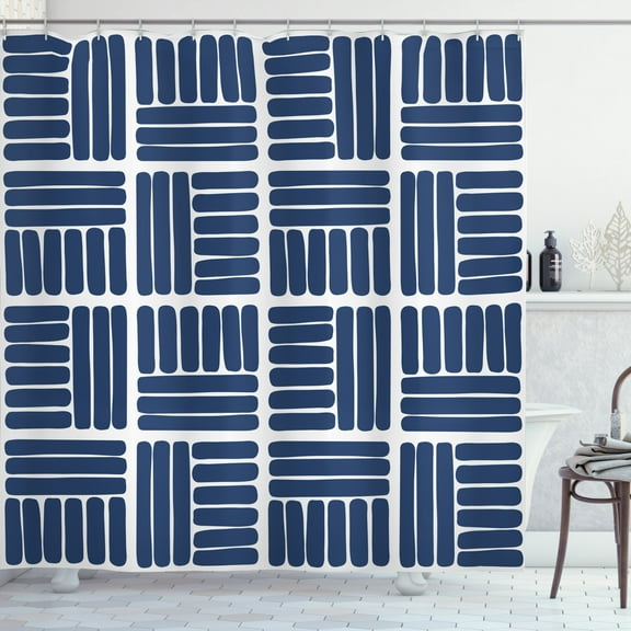 Ambesonne Navy Blue Shower Curtain, Stripes in Squares, 69"Wx70"L, Night Blue and White