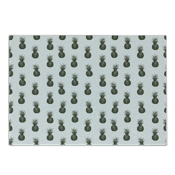 Tropical Cutting Board, Hand Drawn Sketch Illustration of Pineapples on Off-white Background, Decorative Tempered Glass Cutting and Serving Board, Small Size, Charcoal Grey and Ivory, by Ambesonne