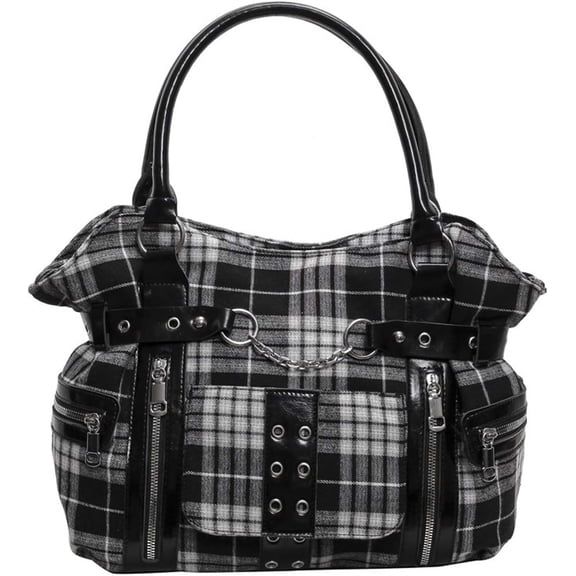 Sunyuer Women Gothic Plaid Rivet Tote Handbag, Large Capacity Punk Shoulder Bag with Chain Decor, Multi Zipper Pockets Casual Top Handle Crossbody Purse for Daily Travel