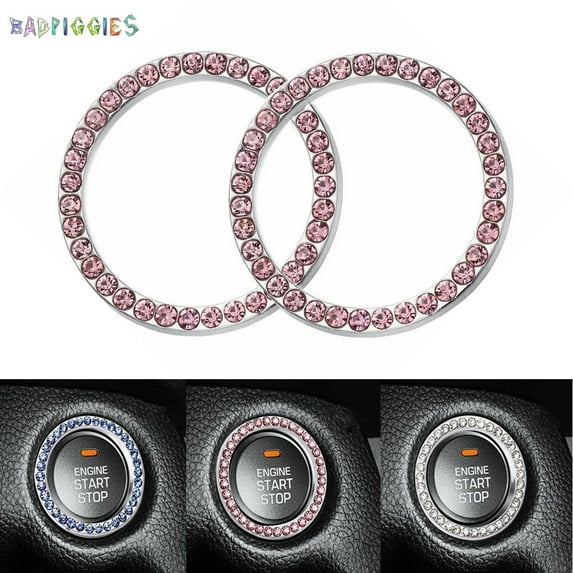 BadPiggies 2PCS Car Crystal Bling Ring Emblem Stickers, Rhinestone Key & Button Ignition Starter Decal Car Knobs Decor (Pink)