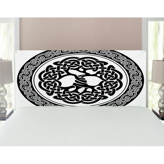 Celtic Headboard, Native Celtic Tree of Life Ireland Early Renaissance Modern Design, Upholstered Decorative Metal Bed Headboard with Memory Foam, Full Size, Black White, by Ambesonne