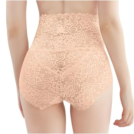 Ashirexll Womens Underwear Plus Size Solid Color Lace Pattern High Waist Breathable Comfortable Panties for Women Beige XXL