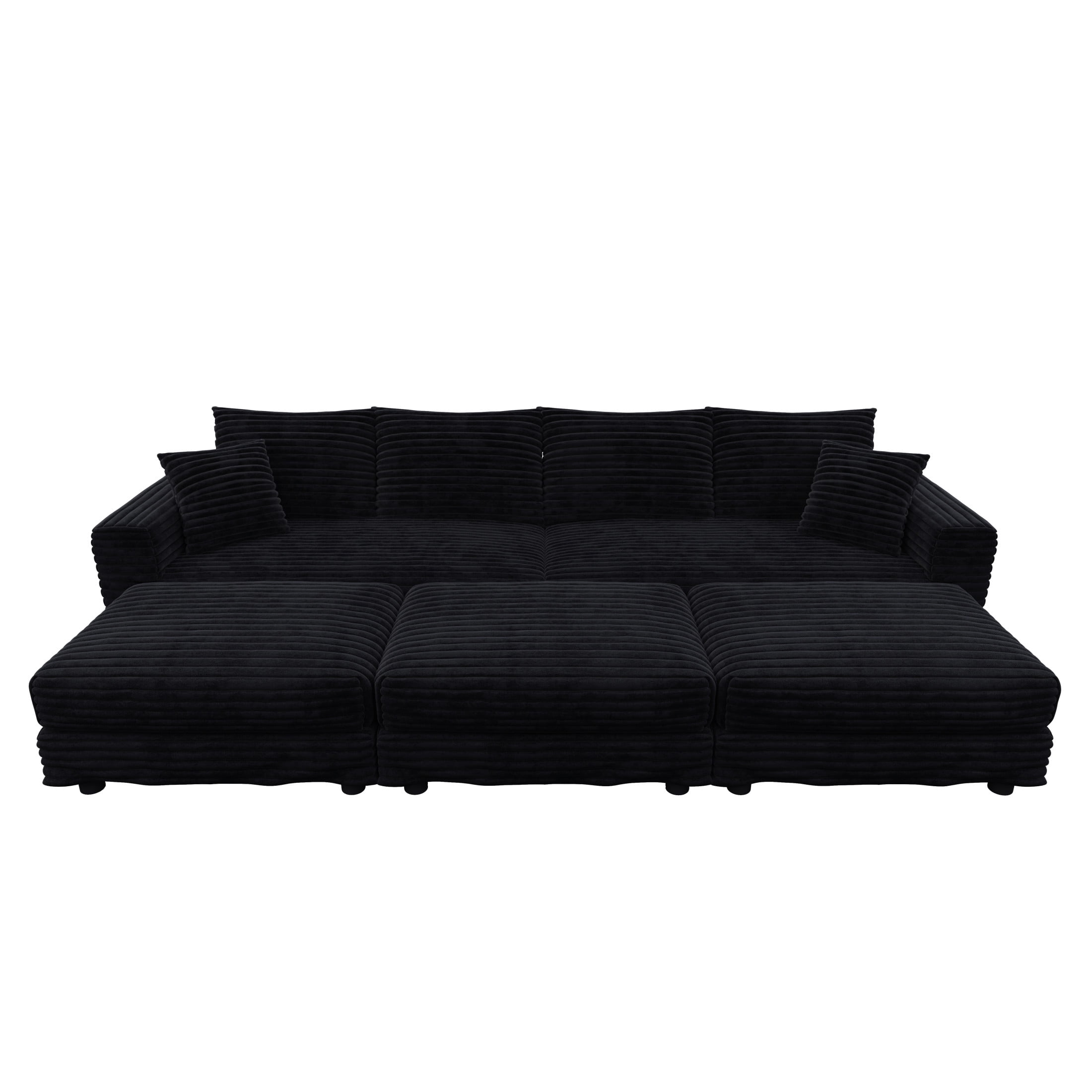 Noble House Nesta 4-Seat Plush Corduroy Cloud Sofa, Convertible Deep Seat Lounge Couch with 3 Ottomans & Soft Pillows, Black