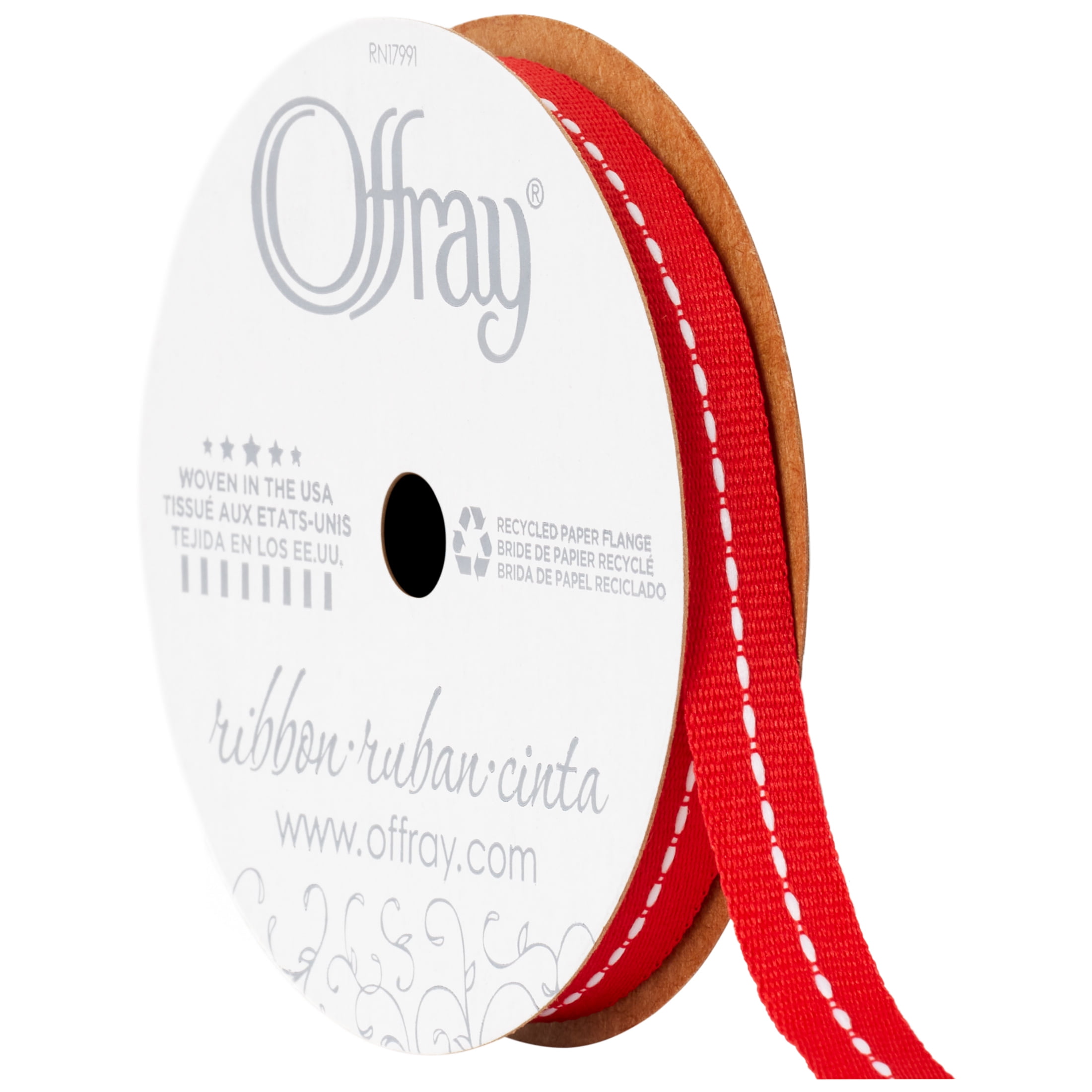 Offray Ribbon, Red 3/8 inch Center Stitch Grosgrain Ribbon for
