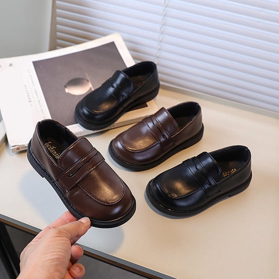 Miluxas Boys Girls Casual Slip-on Loafers Round Toe Leather Uniform Dress Shoes Brown 1.5(34)
