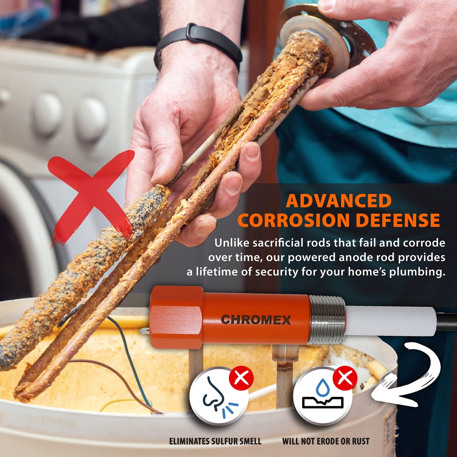 Chromex Powered Titanium Anode Rod for Most 40- to 89-Gallon Water Heaters, Removes Sulfur/Egg Smell, Corrosion, and Scale