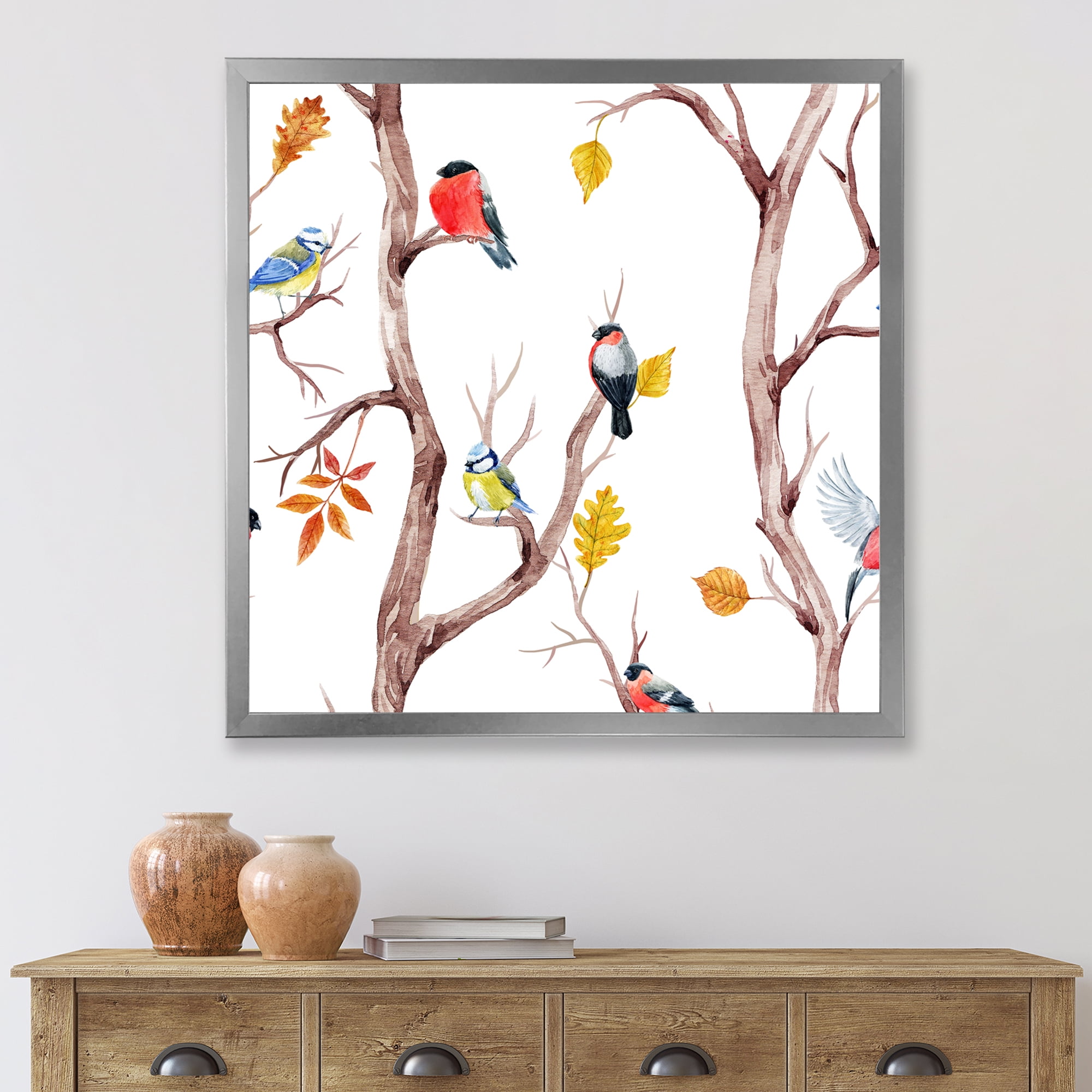 Designart 'Little Birds and Fall Trees' Traditional Framed Art Print