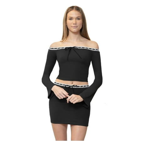 Juniors' madden girl 2-Piece Long Sleeve Top & Mini Skirt Color: Black Size: LARGE
